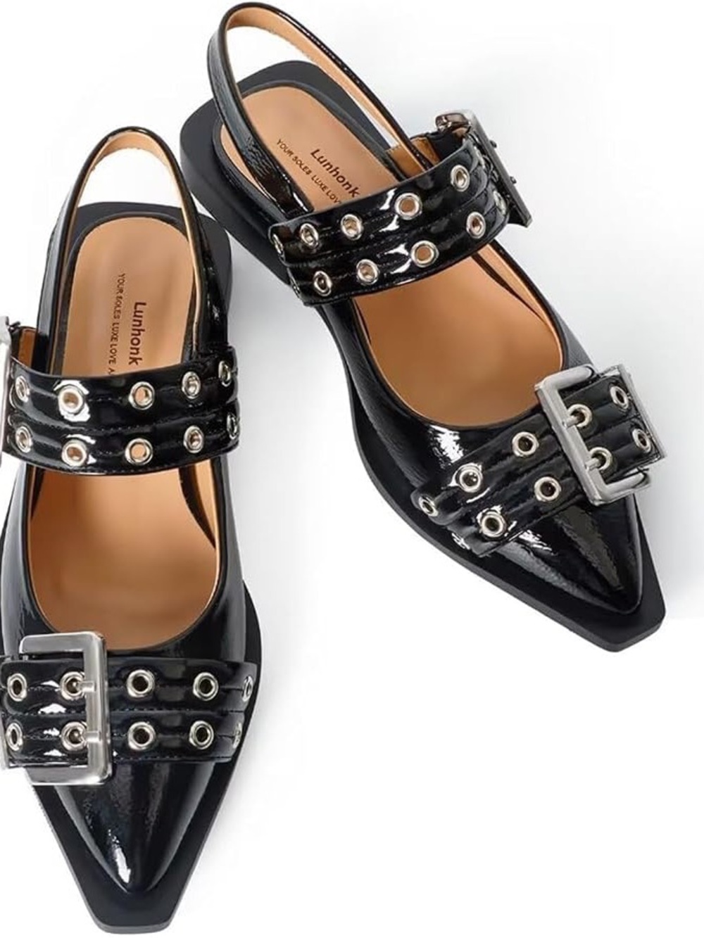 Black Patent Pointed Slingback Flats with Buckle Detail